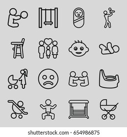 Kid icons set. set of 16 kid outline icons such as baby, swing, family