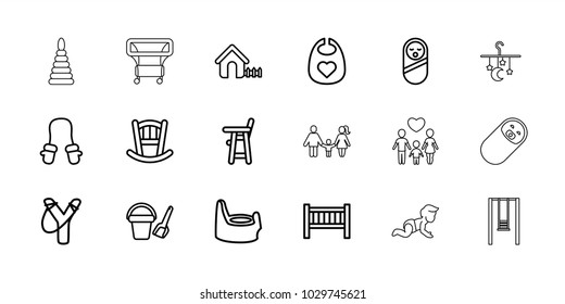 Kid icons. set of 18 editable outline kid icons: baby bed, baby food, bucket toy for beach, house, sligshot, bed mobile, pyramid, playpen, swing, family