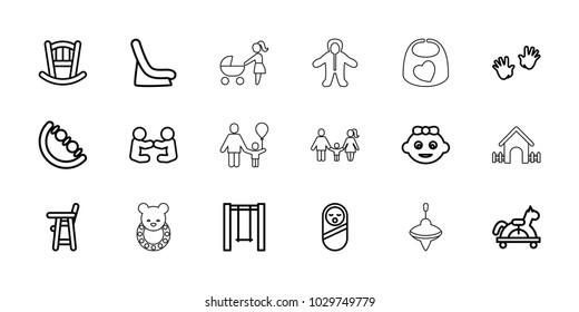 Kid icons. set of 18 editable outline kid icons: baby bed, toy horse, swing, whirligig, house, family