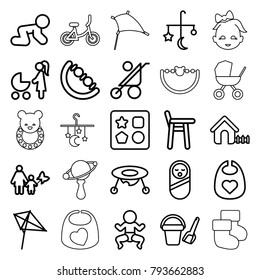 Kid icons. set of 25 editable outline kid icons such as baby stroller, bed mobile, baby food, bucket toy for beach, from toy for beach, kite, house, mother and son