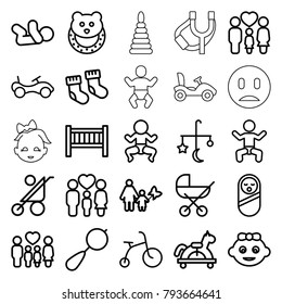 Kid icons. set of 25 editable outline kid icons such as baby, baby stroller, bed mobile, beanbag, child bicycle, bike, mother and son, newborn child, toy horse, family
