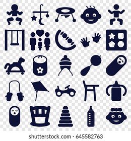 Kid icons set. set of 25 kid filled icons such as baby, baby bottle, bed mobile, pyramid, beanbag, bike, from toy for beach, kite, family, swing, newborn child