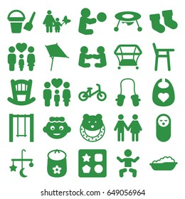 Kid icons set. set of 25 kid filled icons such as baby, bed mobile, child bicycle, bucket toy for beach, kite, playpen, swing, family