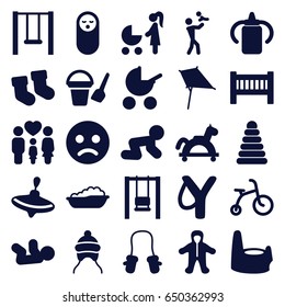 Kid icons set. set of 25 kid filled icons such as baby bottle, baby stroller, pyramid, child bicycle, whirligig, bucket toy for beach, kite, family, swing, sligshot