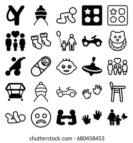 Kid icons set. set of 25 kid filled and outline icons such as baby stroller, bike, whirligig, from toy for beach, playpen, family, sligshot, sad smiley, mother and son