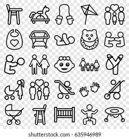 Kid icons set. set of 25 kid outline icons such as baby, kite, playpen, family, toy horse