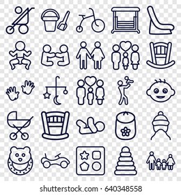 Kid icons set. set of 25 kid outline icons such as baby, bed mobile, pyramid, child bicycle, bike, bucket toy for beach, from toy for beach, swing, family
