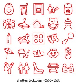 Kid icons set. set of 25 kid outline icons such as baby bottle, beanbag, whirligig, bucket toy for beach, kite, house, playpen, family, mother and son, sligshot