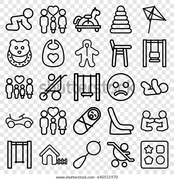 Kid icons set. set of\
25 kid outline icons such as baby stroller, pyramid, beanbag, bike,\
from toy for beach, kite, house, swing, family, sad smiley, newborn\
child