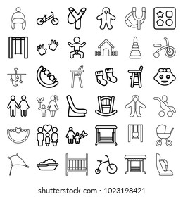 Kid icons. set of 36 editable outline kid icons such as baby, baby bed, child bicycle, from toy for beach, family, sligshot, mother and son, swing, bed mobile, pyramid, kite