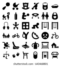 Kid icons set. set of 36 kid filled icons such as baby, baby bottle, bed mobile, beanbag, child bicycle, whirligig, from toy for beach, house, playpen, swing, sligshot, family