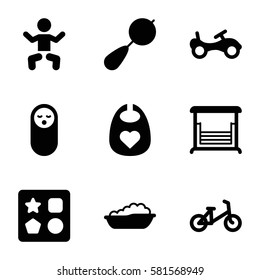 kid icons set. Set of 9 kid filled icons such as baby, beanbag, baby food, bike, child bicycle, from toy for beach