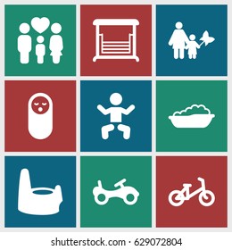 Kid icons set. set of 9 kid filled icons such as baby, baby food, bike, child bicycle, swing, family