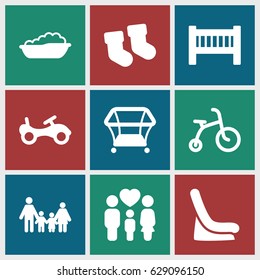 Kid icons set. set of 9 kid filled icons such as baby bed, baby socks, child bicycle, bike, playpen