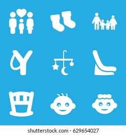 Kid icons set. set of 9 kid filled icons such as baby, baby socks, bed mobile, family