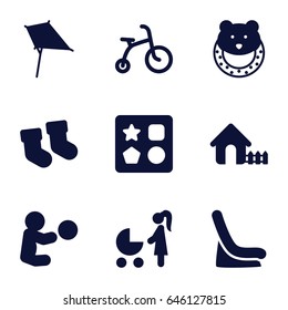 Kid icons set. set of 9 kid filled icons such as baby socks, child bicycle, from toy for beach, baby toy, kite