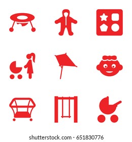 Kid icons set. set of 9 kid filled icons such as baby stroller, baby girl, from toy for beach, kite, playpen