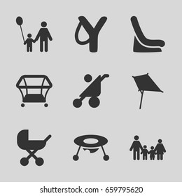 Kid icons set. set of 9 kid filled icons such as baby stroller, baby toy, baby seat in car, kite, playpen, sligshot, family