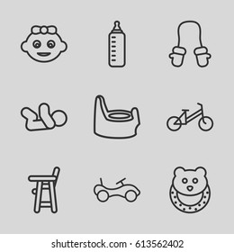 Kid icons set. set of 9 kid outline icons such as baby bottle, baby girl, bike