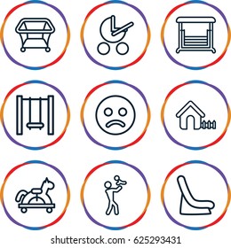 Kid icons set. set of 9 kid outline icons such as baby stroller, baby seat in car, house, playpen, swing, sad smiley, toy horse