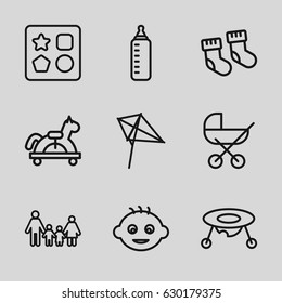 Kid icons set. set of 9 kid outline icons such as baby, baby bottle, from toy for beach, kite, family