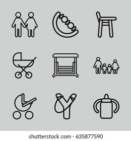 Kid icons set. set of 9 kid outline icons such as baby bottle, baby stroller, swing, family