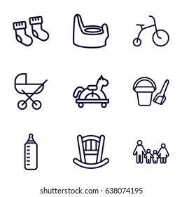 Kid icons set. set of 9 kid outline icons such as baby bottle, baby stroller, child bicycle, bucket toy for beach, family