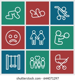 Kid icons set. set of 9 kid outline icons such as baby stroller, baby crawl, family, swing