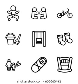 Kid icons set. set of 9 kid outline icons such as baby socks, child bicycle, bucket toy for beach, mother and son, newborn child