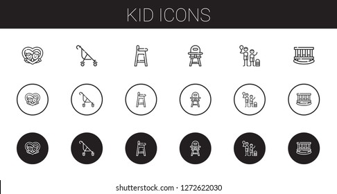 kid icons set. Collection of kid with frame, stroller, baby chair, family, cradle. Editable and scalable kid icons.