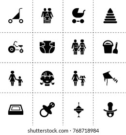 Kid icons. vector collection filled kid icons. includes symbols such as swimming pool, pram, pyramid toy, girl, pacifier, diaper, tricycle. use for web, mobile and ui design.