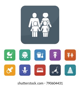 Kid icons. vector collection filled kid icons such as swimming pool, pram, pyramid toy, girl, pacifier, family, boy and girl, baby buggy, nipple