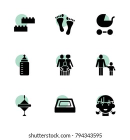 Kid icons. vector collection filled kid icons set.. includes symbols such as swimming pool, building blocks, pram, girl, baby bottle. use for web, mobile and ui design.