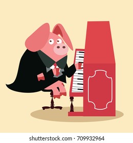 Kid illustration series, Pianist pig playing on stage.