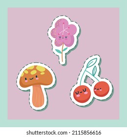 ilustraciones de niños conjunto de flores y frutas lindas