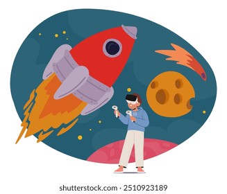 Kid Immersed In A Virtual Reality Game Experience A Thrilling Space Adventure. Image Shows A Child Using Vr Headset And Controllers With Rocket, Planets, And Meteors. Virtual Outer Space Exploration