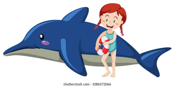Kid and inflatable dolphin on white background illustration