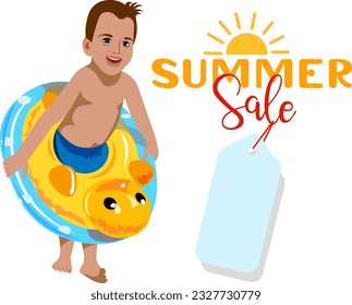 Kid with inflatable ring summer sale banner Vector