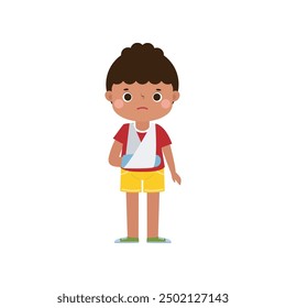 kid injured with broken arm in gypsum. cute cartoon disabled character broken arm in plaster. isolated on white background Vector illustration