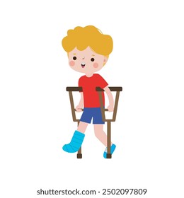 kid injured with broken leg in gypsum. little children standing on crutches, cartoon teen disabled character broken leg in plaster. isolated on white background Vector illustration