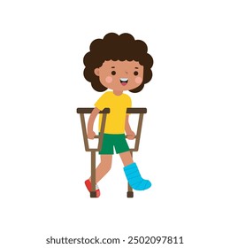 kid injured with broken leg in gypsum. little children standing on crutches, cartoon teen disabled character broken leg in plaster. isolated on white background Vector illustration