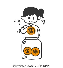 kid insert and keep coins in a jar in doodle cartoon style