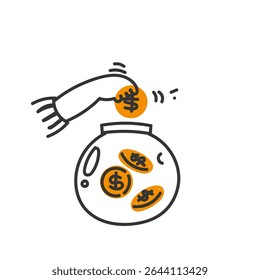 Inserte el niño y guarde las monedas en un tarro en estilo de dibujos animados doodle