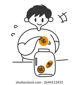 kid insert and keep coins in a jar in doodle cartoon style
