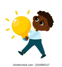 Kid Inventors Day. Boy carries a huge yellow light bulb as a symbol of invention and research, inventing something new. Cartoon character isolated on white background.