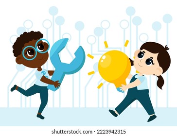Kid Inventors Day. A boy and a girl carry a huge light bulb and a wrench as a symbol of inventions and research, inventing something new. Cartoon style illustration.