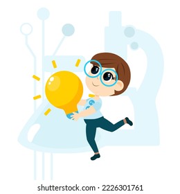 Kid Inventors Day. A boy in glasses with a large light bulb runs against the background of a test tube and a microscope. Cartoon illustration isolated on white background.