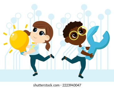 Kid Inventors Day. Children, a boy and a girl, carry a huge light bulb and a wrench as a symbol of inventions and research, inventing something new. Cartoon style illustration.