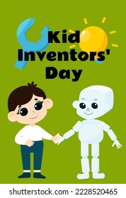Kid Inventors Day. A cute boy is holding a charming robot by the hand. Illustration in cartoon style isolated on white.