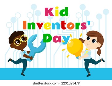 Kid Inventors Day. Cute boy and girl with light bulb and wrench and text Children's Invention Day in cartoon childish style.